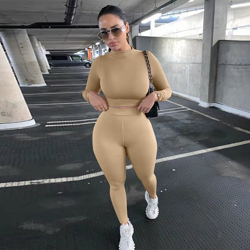 2022 Fall Winter Women Sport Fitness 2 Two Piece Set Outfits Long Sleeve Solid Crop Tops Leggings Pants Set Bodycon Tracksuit