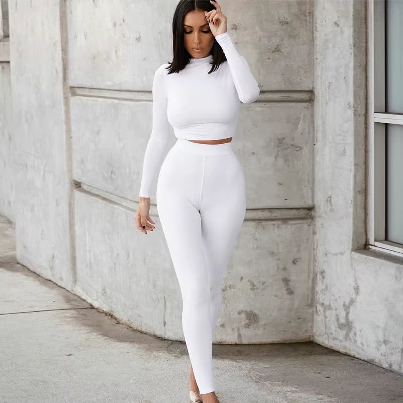 2022 Fall Winter Women Sport Fitness 2 Two Piece Set Outfits Long Sleeve Solid Crop Tops Leggings Pants Set Bodycon Tracksuit