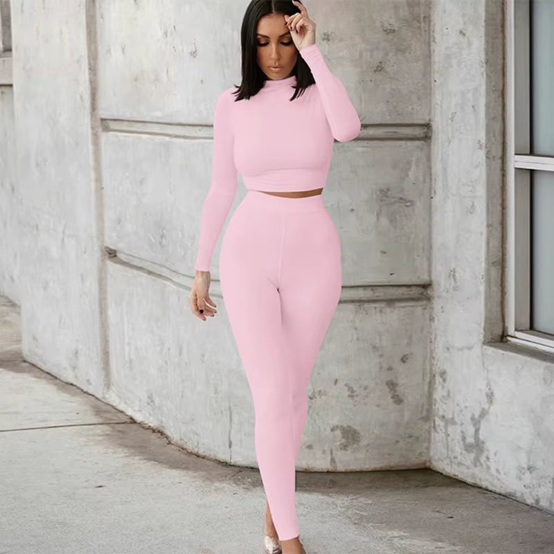 2022 Fall Winter Women Sport Fitness 2 Two Piece Set Outfits Long Sleeve Solid Crop Tops Leggings Pants Set Bodycon Tracksuit