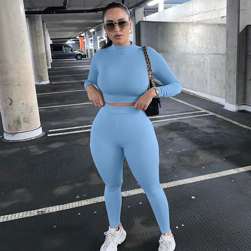 2022 Fall Winter Women Sport Fitness 2 Two Piece Set Outfits Long Sleeve Solid Crop Tops Leggings Pants Set Bodycon Tracksuit