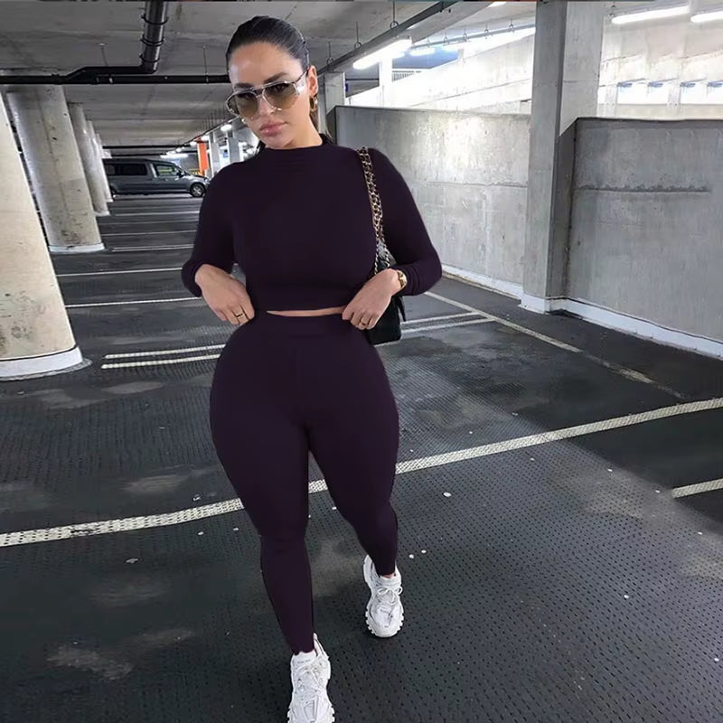 2022 Fall Winter Women Sport Fitness 2 Two Piece Set Outfits Long Sleeve Solid Crop Tops Leggings Pants Set Bodycon Tracksuit