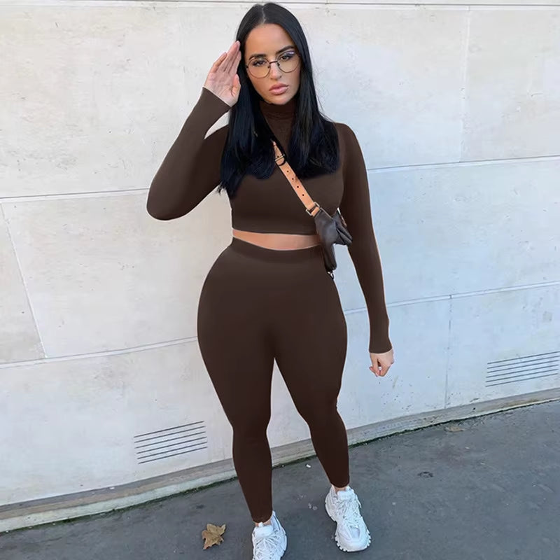 2022 Fall Winter Women Sport Fitness 2 Two Piece Set Outfits Long Sleeve Solid Crop Tops Leggings Pants Set Bodycon Tracksuit