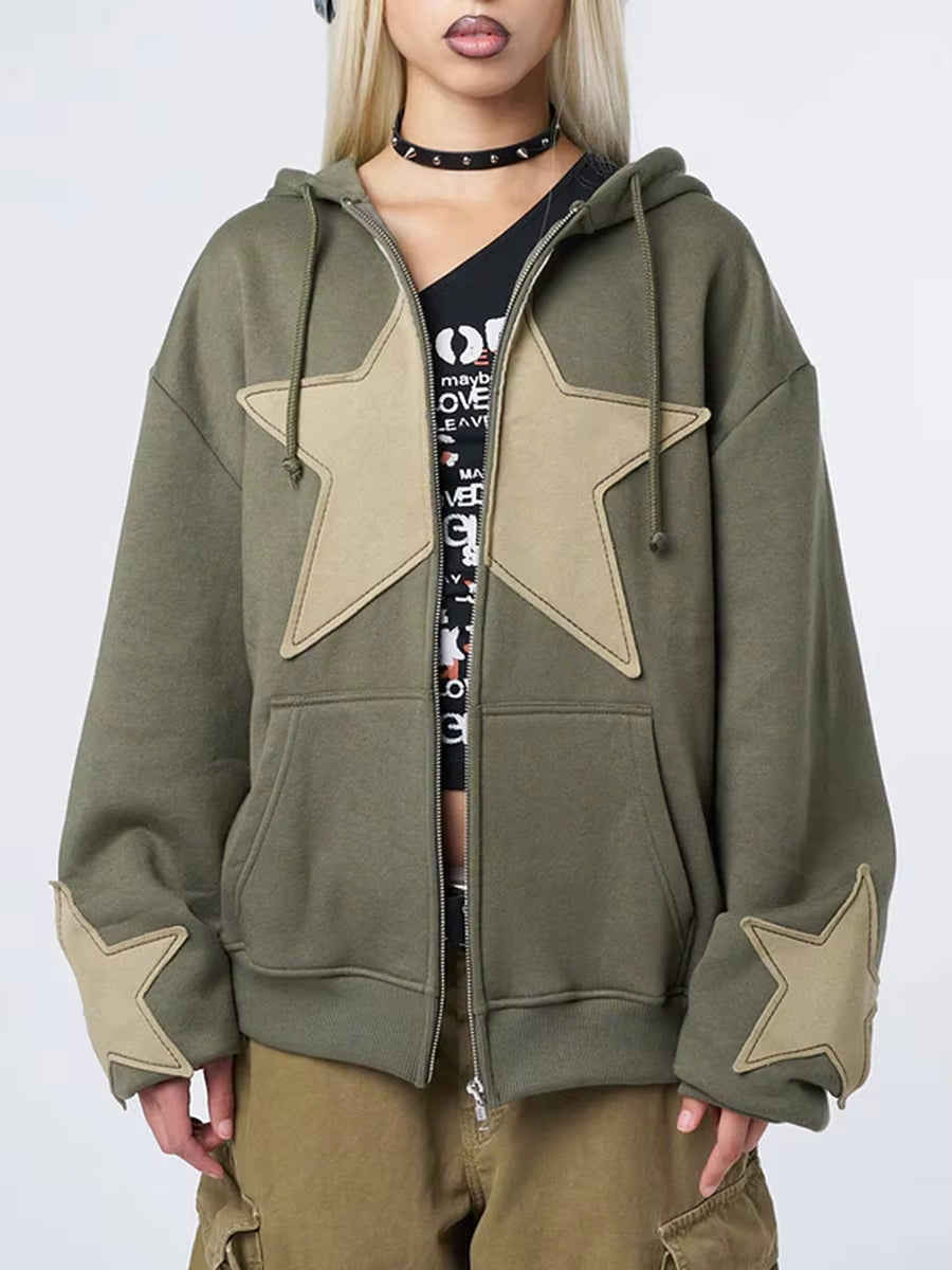 Y2K Vintage Star Print Hooded Hoodie for Women Casual Loose Long Sleeve Zip up Drawstring Sweatshirts Autumn Spring Coat Street