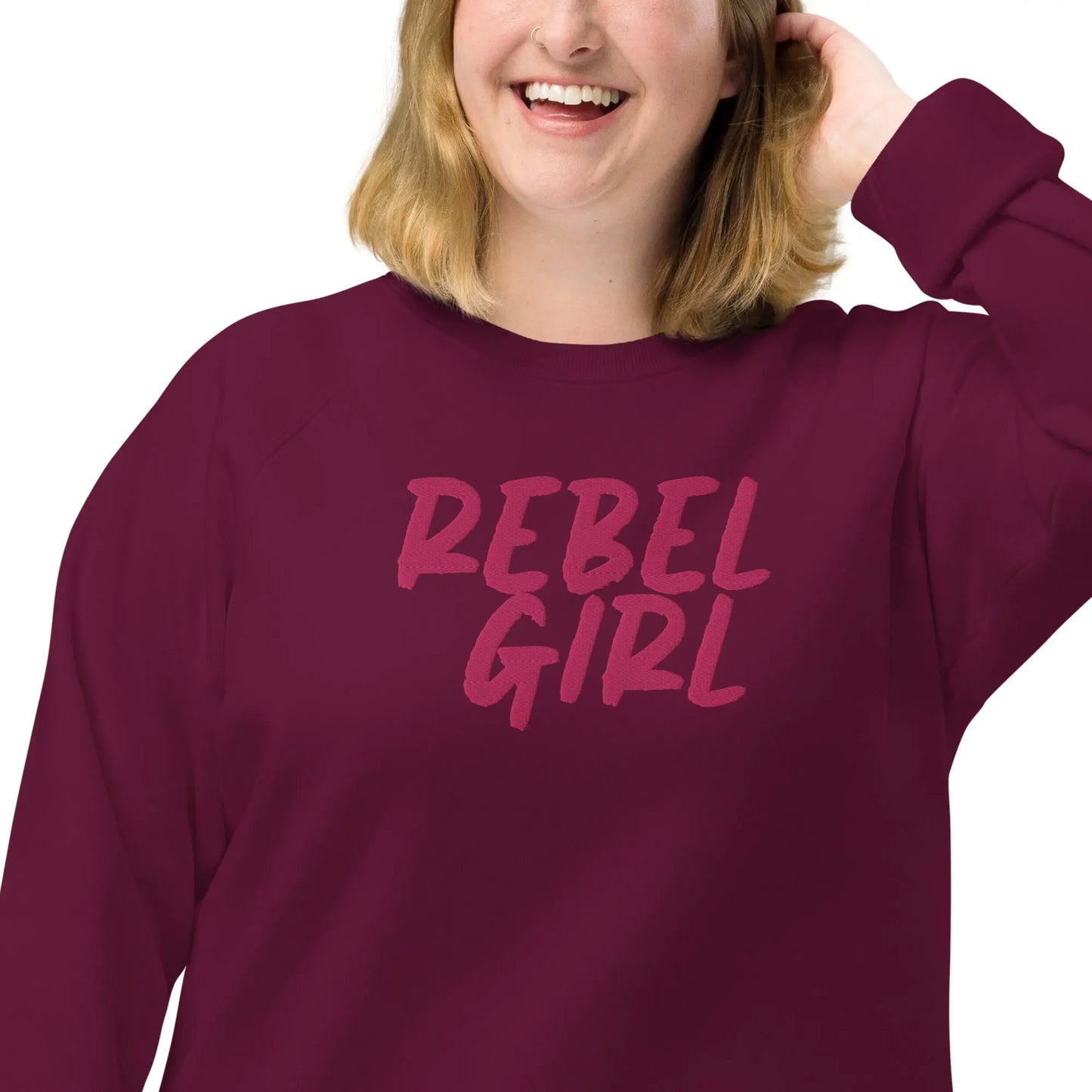 Rebel Girl Unisex Organic Raglan Sweatshirt Organic Clothing with EMBROIDERY