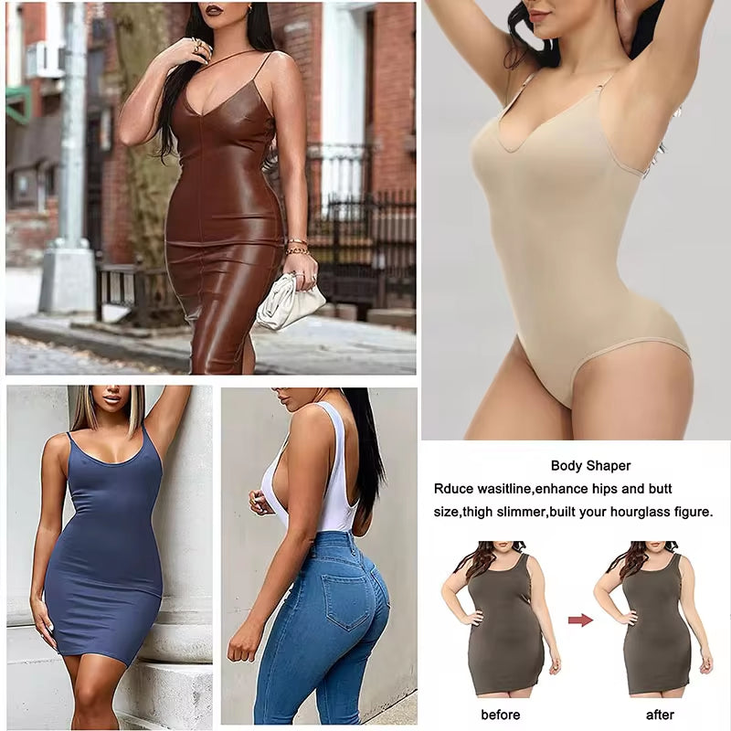 Super Sale V Neck Spaghetti Strap Bodysuit Compression Body Suits Open Crotch Shapewear Slimming Body Shaper Smooth Out Bodysuit